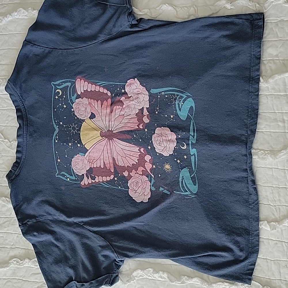 Butterfly TShirt M Blue & Pink Cropped  Larger Design On Back EUC Electric Pink